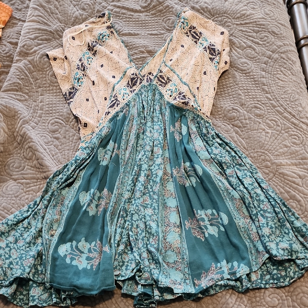 free people Teal and Cream Patterned Dress